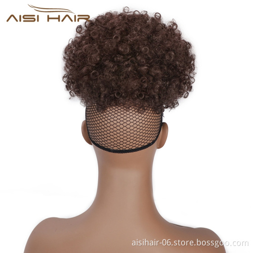 Aisi Hair Afro Puff Ponytail With Bangs Short Kinky Curly Hair Bun Clip In On Wrap Drawstring Updo Hair Extensions For Women